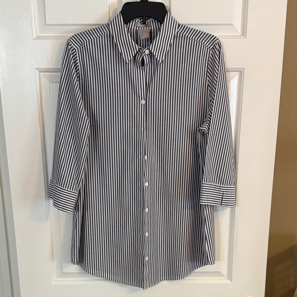 Chico's Grey and White Striped Button Down Shirt